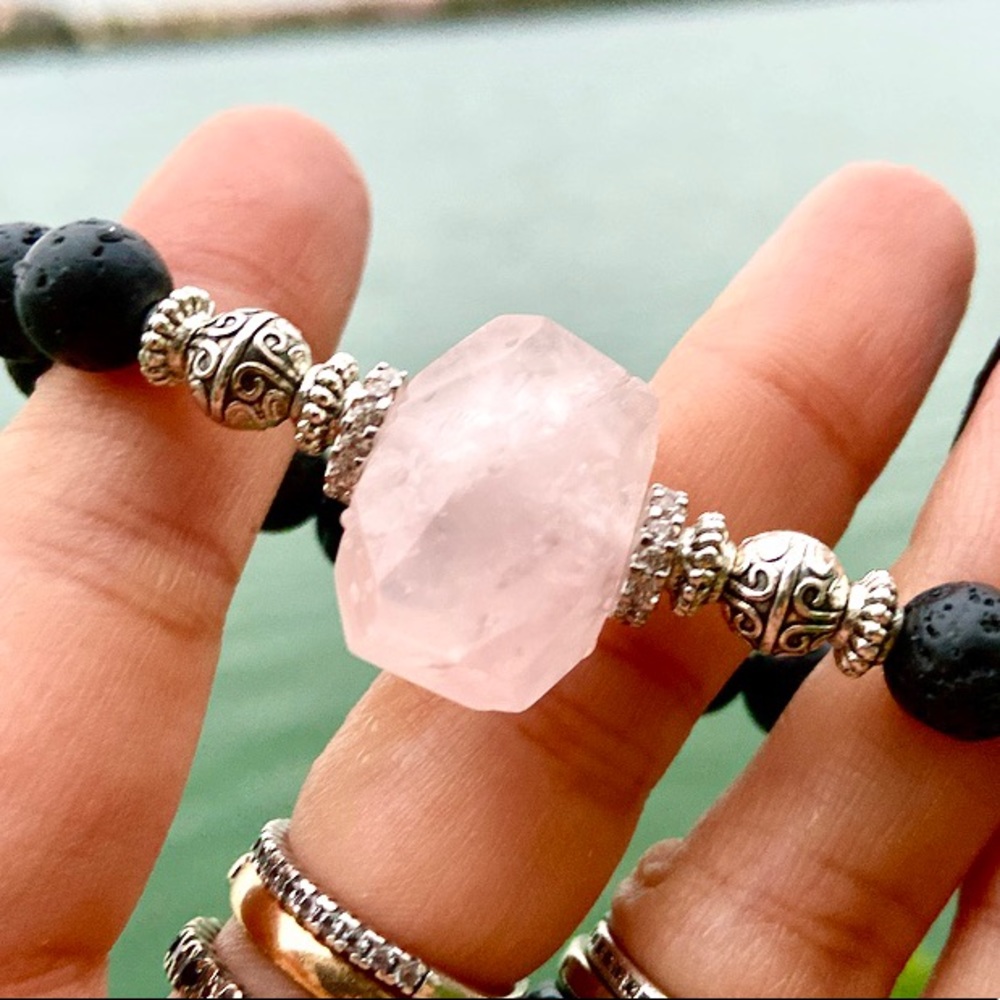 Genuine rose quartz , cz , lava rock bracelet - Picture 7 of 8